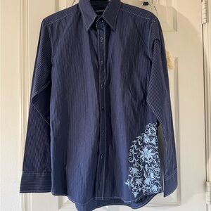 Men's Vintage Y2K Navy Striped Shirt with Floral/Lion Design